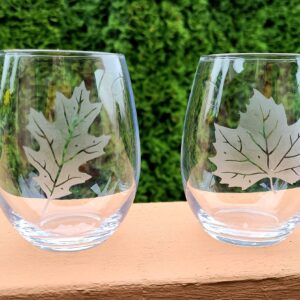 Fall leaves glass set, etched wine glass, etched maple leaf glass, oak leaf glass, stemless barware, for wine lovers, hostess gift