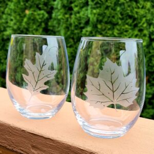 Fall leaves glass set, etched wine glass, etched maple leaf glass, oak leaf glass, stemless barware, for wine lovers, hostess gift