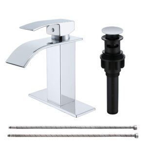 phichi chrome bathroom faucet waterfall single handle 1 or 3 hole faucet, commercial modern lavatory tap with pop-up drain and deck plate
