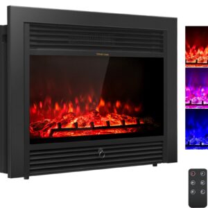 glacer 750/1500w electric fireplace wall mounted insert 28.5 inch heater with 2 heat levels, 3 flame visual, 5 brightness modes, thermostat, timing function, remote control, black