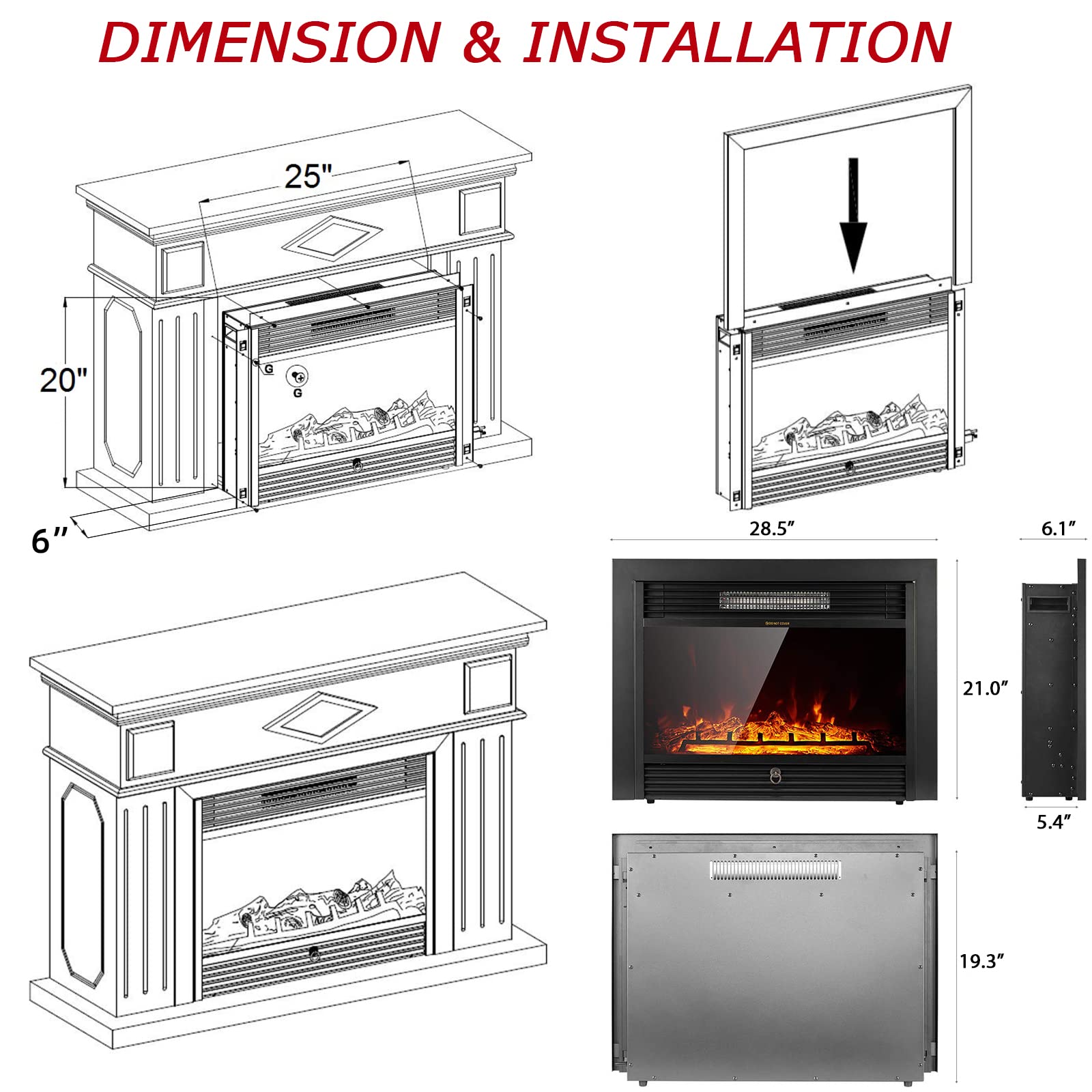 GLACER 750/1500W Electric Fireplace Wall Mounted Insert 28.5 Inch Heater with 2 Heat Levels, 3 Flame Visual, 5 Brightness Modes, Thermostat, Timing Function, Remote Control, Black