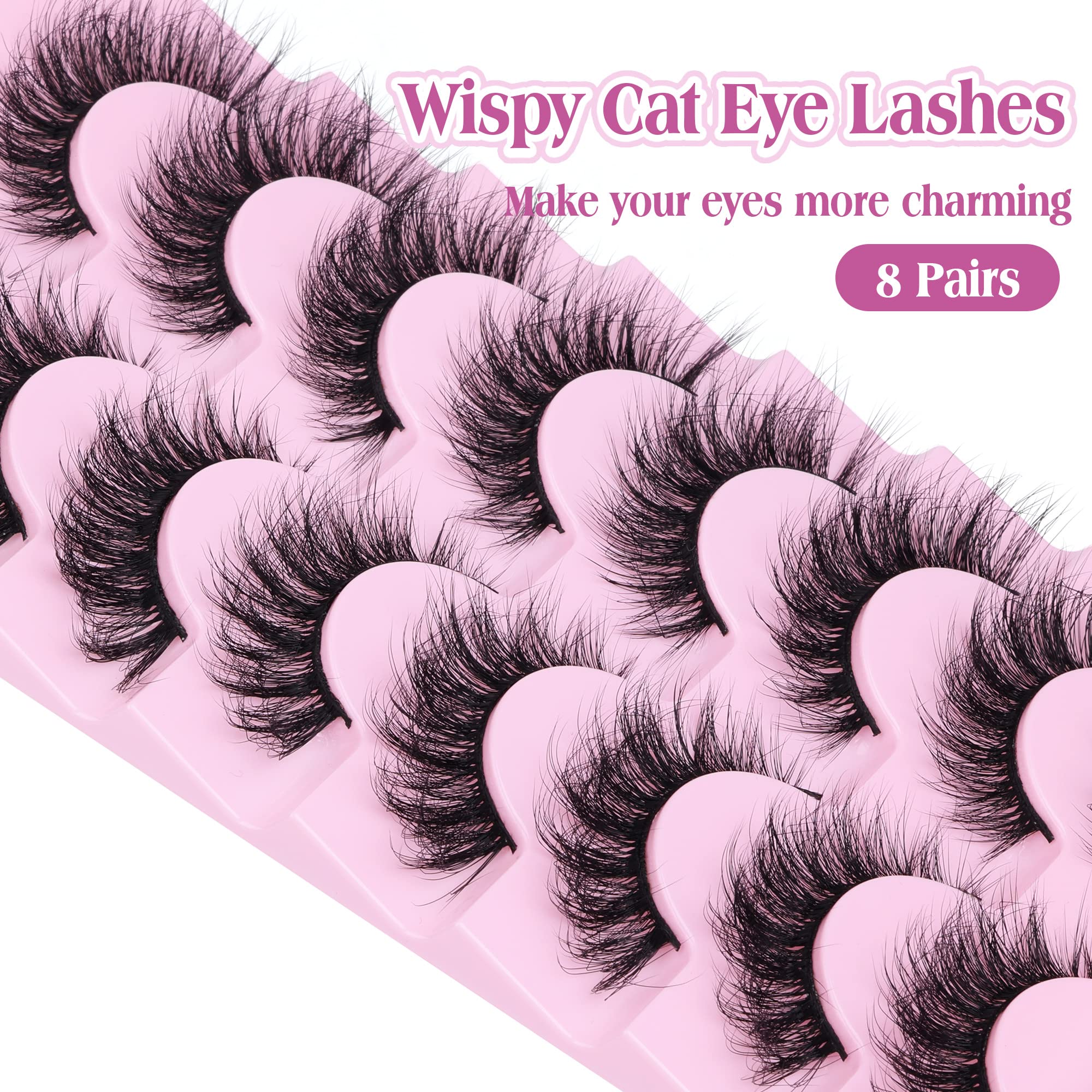 Fluffy Lashes 18mm Cat Eye Lashes Wispy False Eyelashes 3D Faux Mink Lashes Dramatic Volume Lashes Pack 8 Pairs by Zegaine