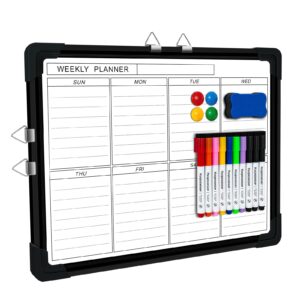 weekly white board, small dry erase board 16"x12", double-sided magnetic calendar whiteboard planner, portable dry erase calendar for wall and desktop with fine tip markers, magnets, eraser (black)