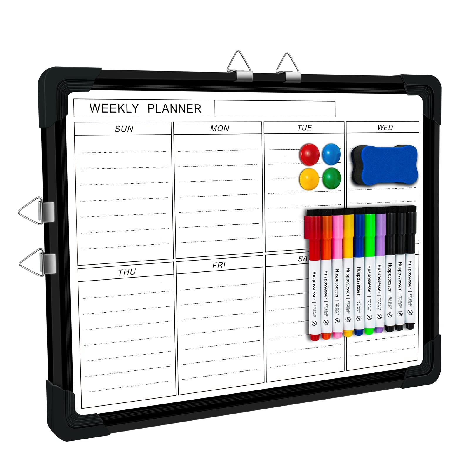 Weekly White Board, Small Dry Erase Board 16"X12", Double-Sided Magnetic Calendar Whiteboard Planner, Portable Dry Erase Calendar for Wall and Desktop with Fine Tip Markers, Magnets, Eraser (Black)