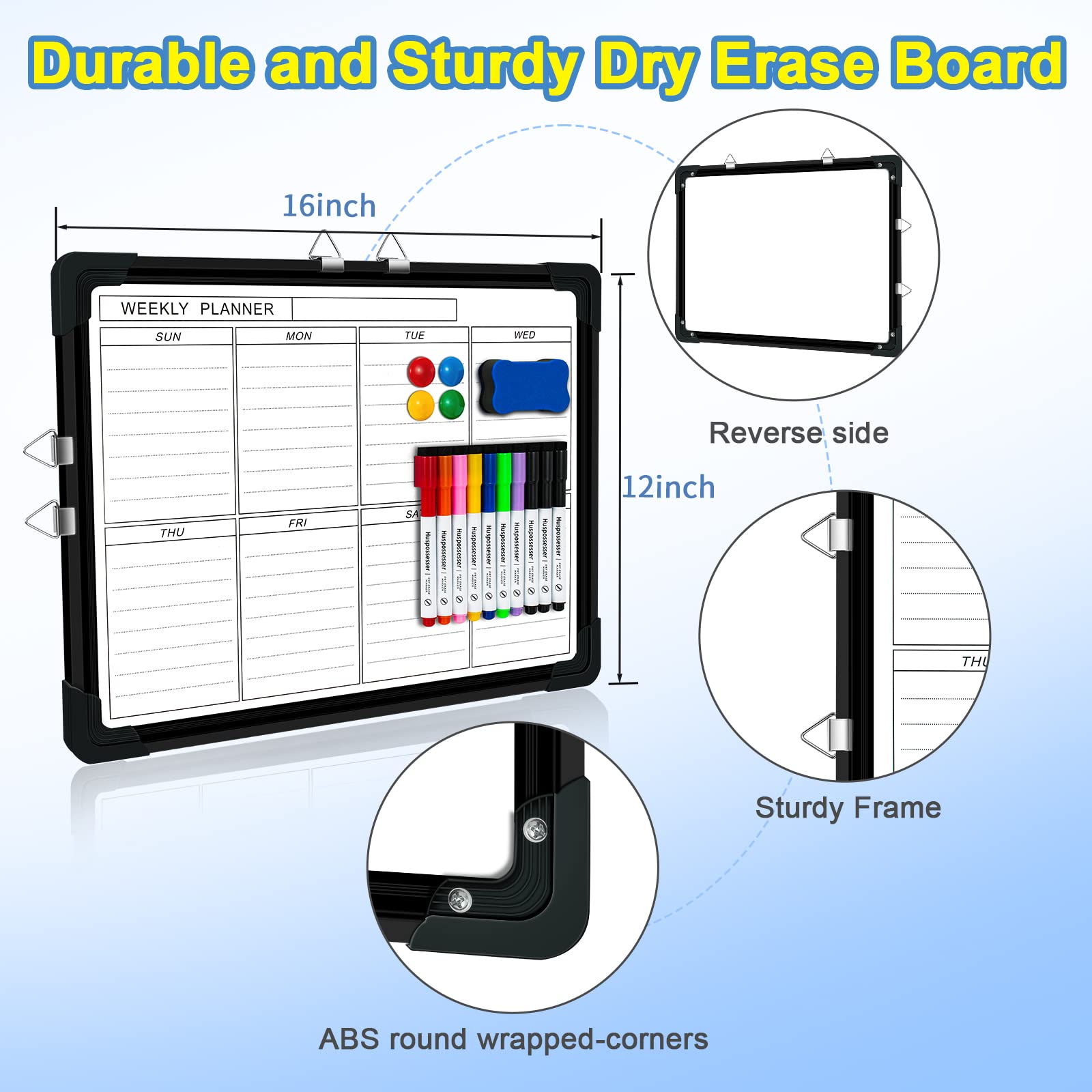 Weekly White Board, Small Dry Erase Board 16"X12", Double-Sided Magnetic Calendar Whiteboard Planner, Portable Dry Erase Calendar for Wall and Desktop with Fine Tip Markers, Magnets, Eraser (Black)