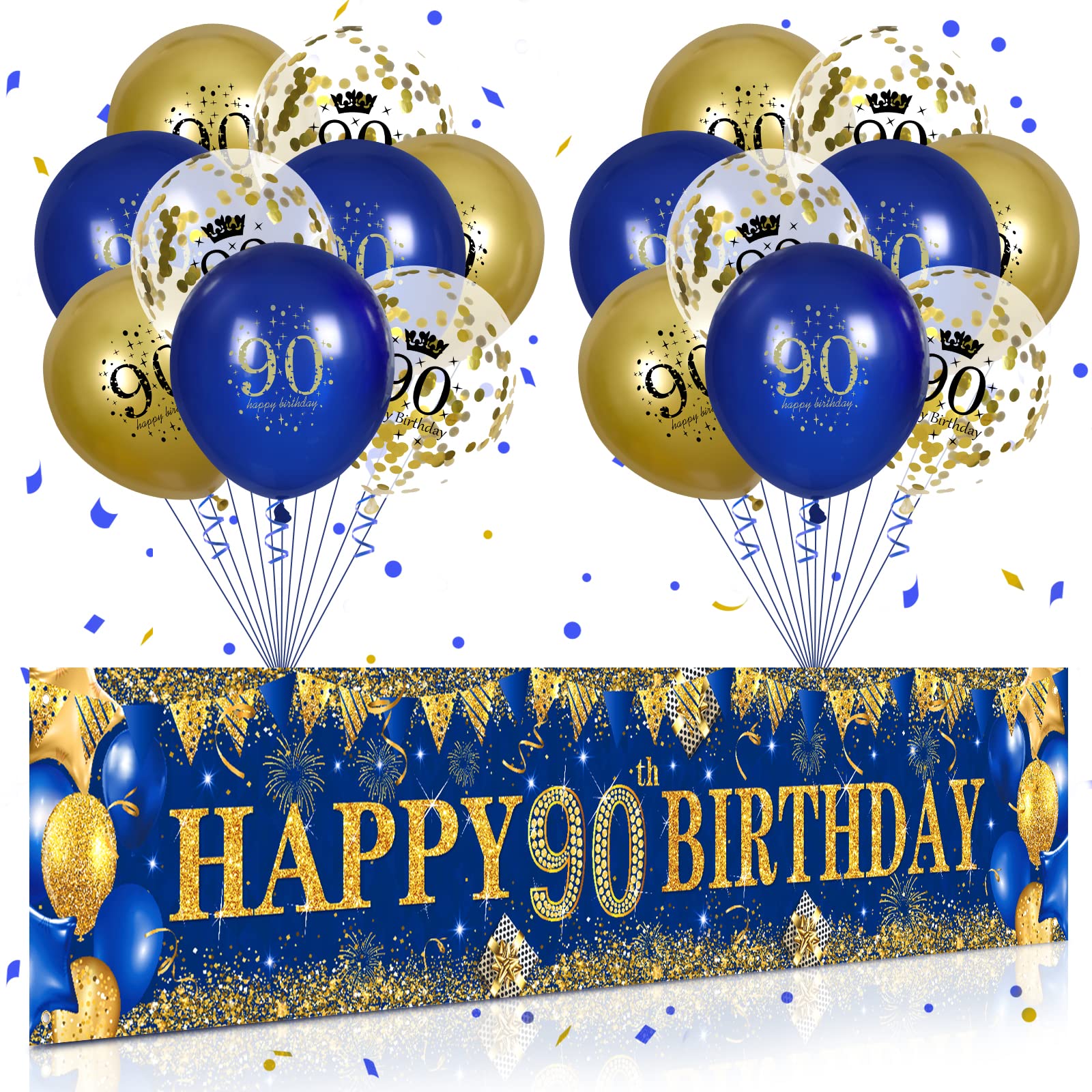 90th Birthday Decorations for Men Women Blue and Gold,Navy Blue Gold Birthday Party Yard Banner 18 PCS 90th Happy Birthday Balloons for 90th Anniversary Birthday Party Supplies Christmas Outdoor Decor