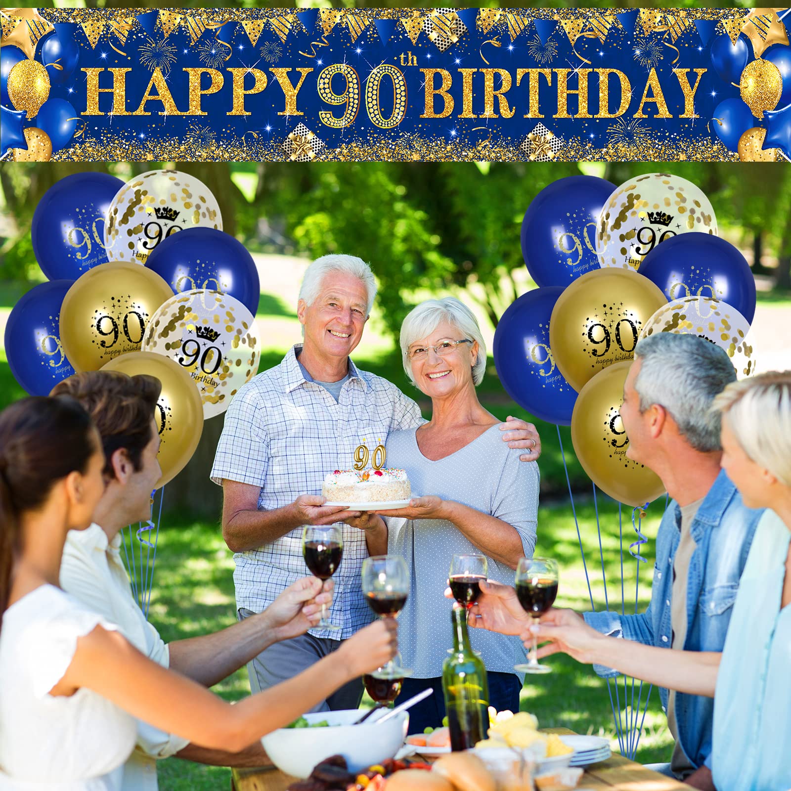 90th Birthday Decorations for Men Women Blue and Gold,Navy Blue Gold Birthday Party Yard Banner 18 PCS 90th Happy Birthday Balloons for 90th Anniversary Birthday Party Supplies Christmas Outdoor Decor