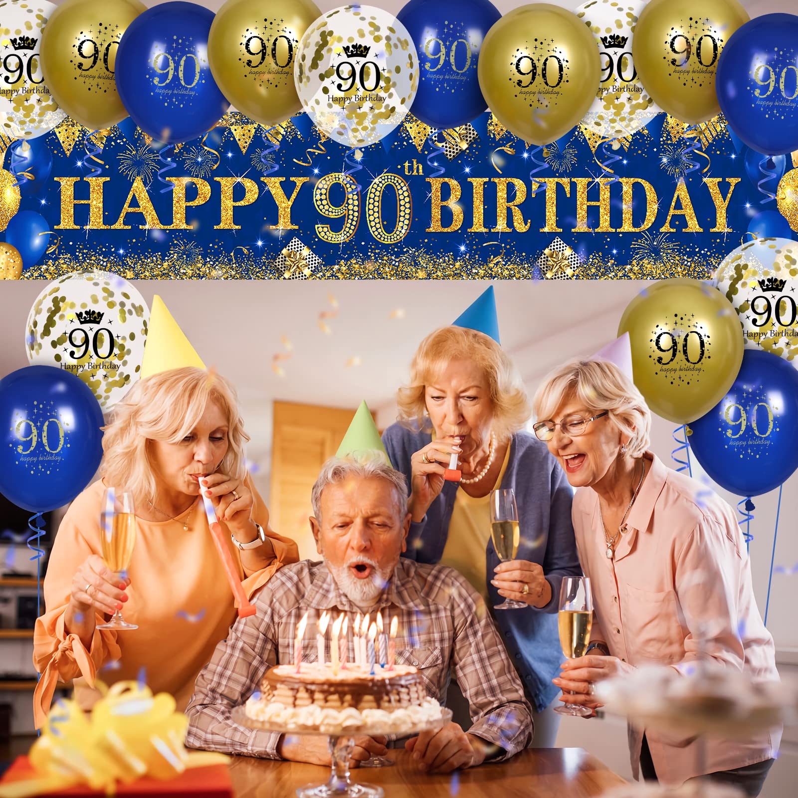 90th Birthday Decorations for Men Women Blue and Gold,Navy Blue Gold Birthday Party Yard Banner 18 PCS 90th Happy Birthday Balloons for 90th Anniversary Birthday Party Supplies Christmas Outdoor Decor