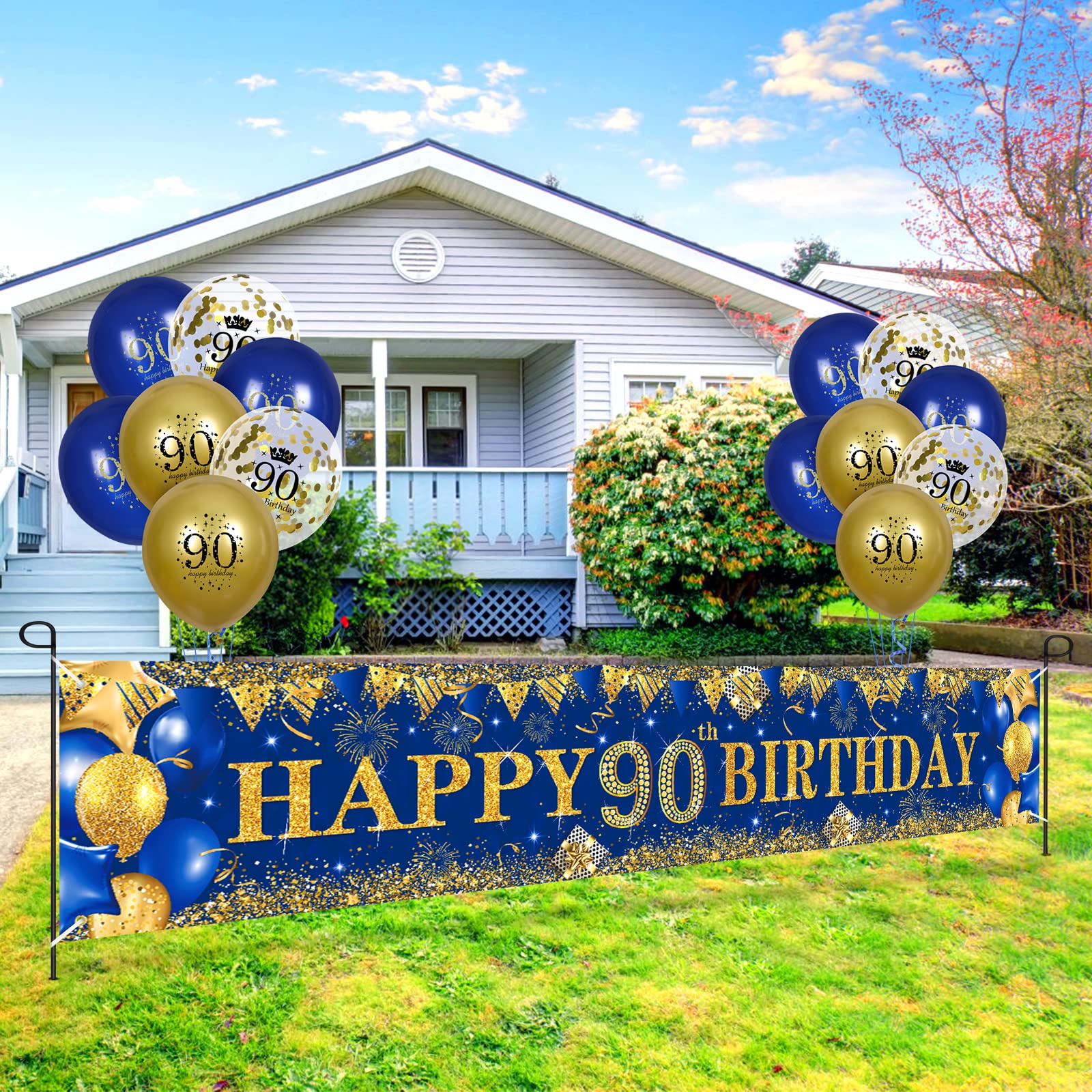 90th Birthday Decorations for Men Women Blue and Gold,Navy Blue Gold Birthday Party Yard Banner 18 PCS 90th Happy Birthday Balloons for 90th Anniversary Birthday Party Supplies Christmas Outdoor Decor