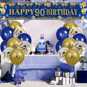 90th Birthday Decorations for Men Women Blue and Gold,Navy Blue Gold Birthday Party Yard Banner 18 PCS 90th Happy Birthday Balloons for 90th Anniversary Birthday Party Supplies Christmas Outdoor Decor