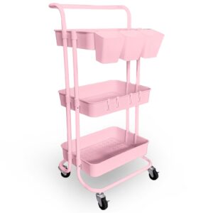 hxbyx pink rolling cart 3 tier with wheels, rolling storage cart with handle and locking wheels, multifunction rolling storage organizer trolley cart, for bathroom office kitchen school.