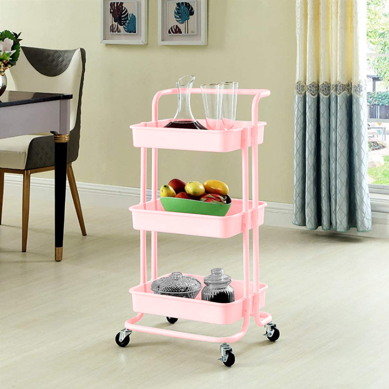 HXBYX Pink Rolling Cart 3 Tier with Wheels, Rolling Storage Cart with Handle and Locking Wheels, Multifunction Rolling Storage Organizer Trolley Cart, for Bathroom Office Kitchen School.