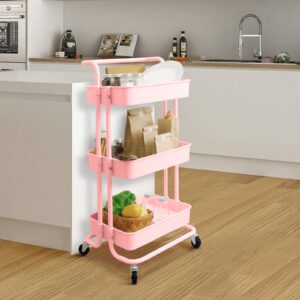 HXBYX Pink Rolling Cart 3 Tier with Wheels, Rolling Storage Cart with Handle and Locking Wheels, Multifunction Rolling Storage Organizer Trolley Cart, for Bathroom Office Kitchen School.