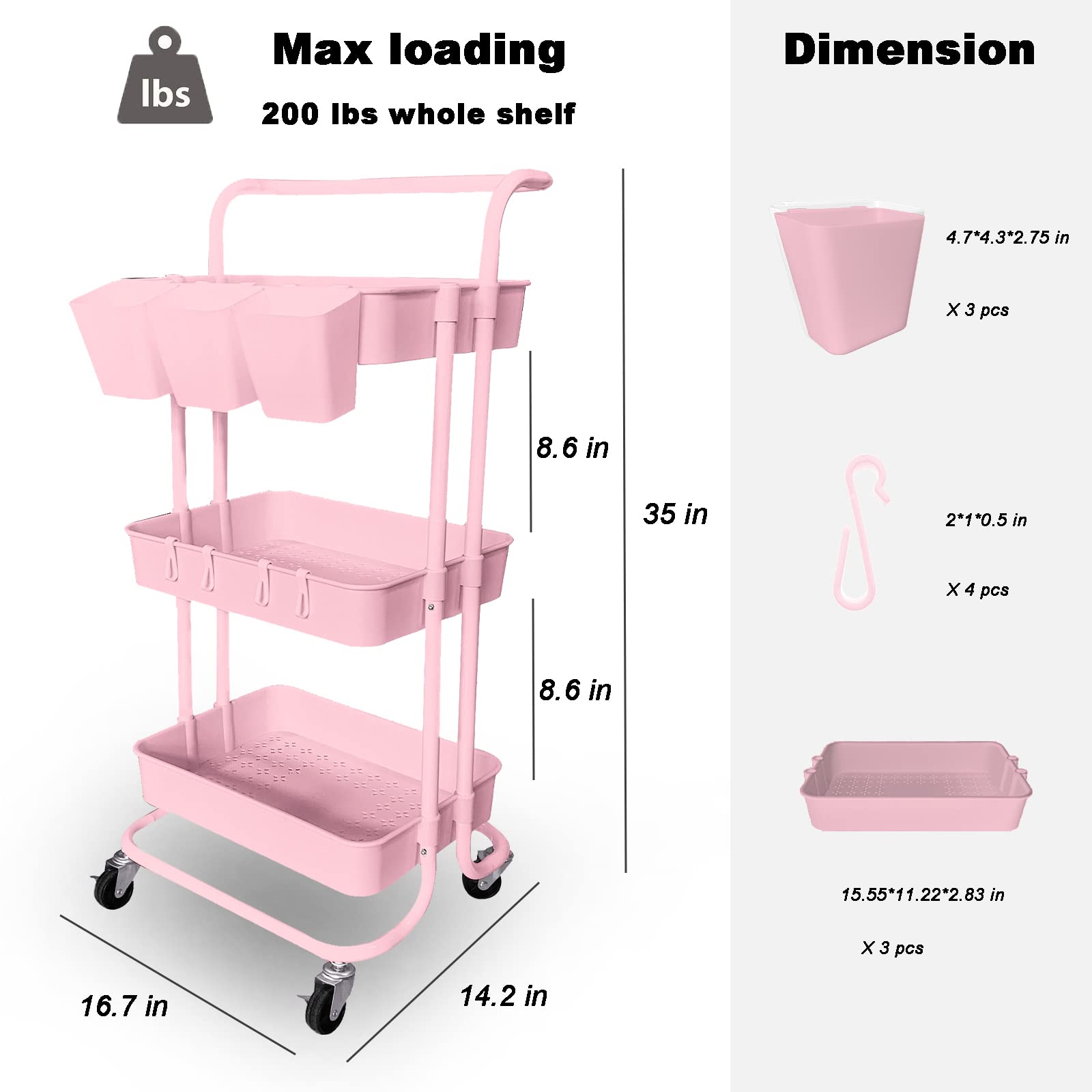 HXBYX Pink Rolling Cart 3 Tier with Wheels, Rolling Storage Cart with Handle and Locking Wheels, Multifunction Rolling Storage Organizer Trolley Cart, for Bathroom Office Kitchen School.