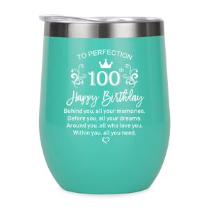 100th birthday gifts for women, happy 100th birthday decorations for her, funny 100 year old birthday gift ideas for woman, mom, sister, grandma, friends - 12oz stainless steel insulated wine tumbler