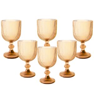 vintage wine glasses set of 6, 11 ounces colored glass water goblets, colorful unique embossed pattern high clear stemmed glassware wedding party bar glass drinking cups vertical line gold amber