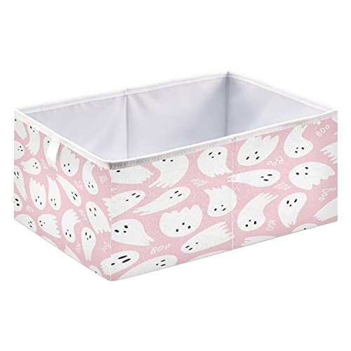 Vnurnrn Pink Cute Halloween Ghost Foldable Fabric Storage Baskets, Collapsible Organizer Storage Cube for Drawers Organizer,Bedroom,Office,Kids Playroom Toys, 15.7x10.6x7 inches