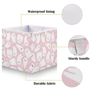 Vnurnrn Pink Cute Halloween Ghost Foldable Fabric Storage Baskets, Collapsible Organizer Storage Cube for Drawers Organizer,Bedroom,Office,Kids Playroom Toys, 15.7x10.6x7 inches