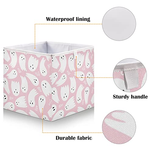 Vnurnrn Pink Cute Halloween Ghost Foldable Fabric Storage Baskets, Collapsible Organizer Storage Cube for Drawers Organizer,Bedroom,Office,Kids Playroom Toys, 15.7x10.6x7 inches