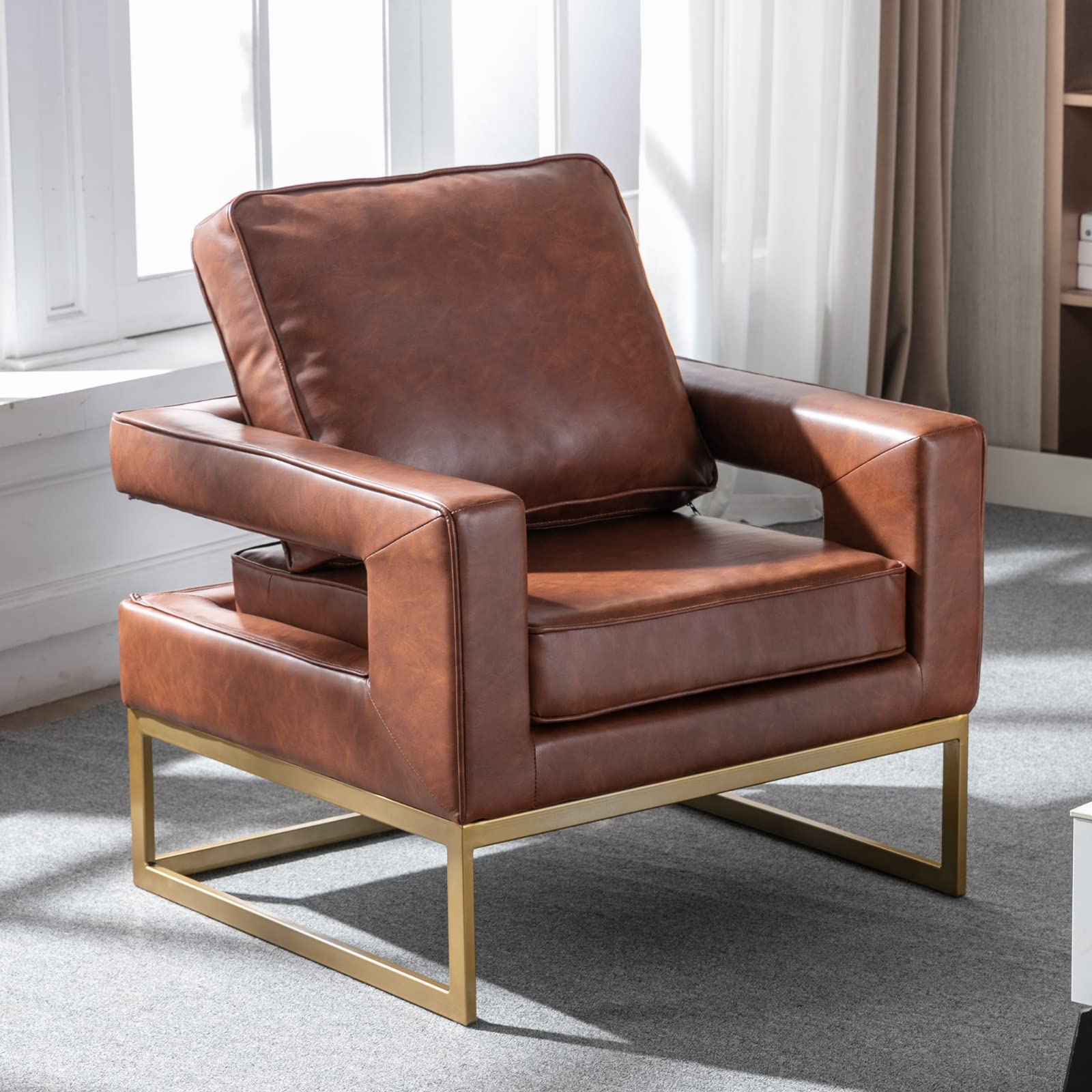 LukeAlon PU Leather Accent Club Chair, Upholstered Armchair with Gold Legs Modern Single Sofa Chair Comfy Reading Chair for Living Room, Brown