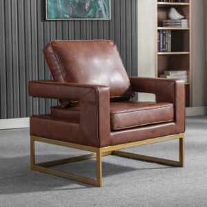 LukeAlon PU Leather Accent Club Chair, Upholstered Armchair with Gold Legs Modern Single Sofa Chair Comfy Reading Chair for Living Room, Brown