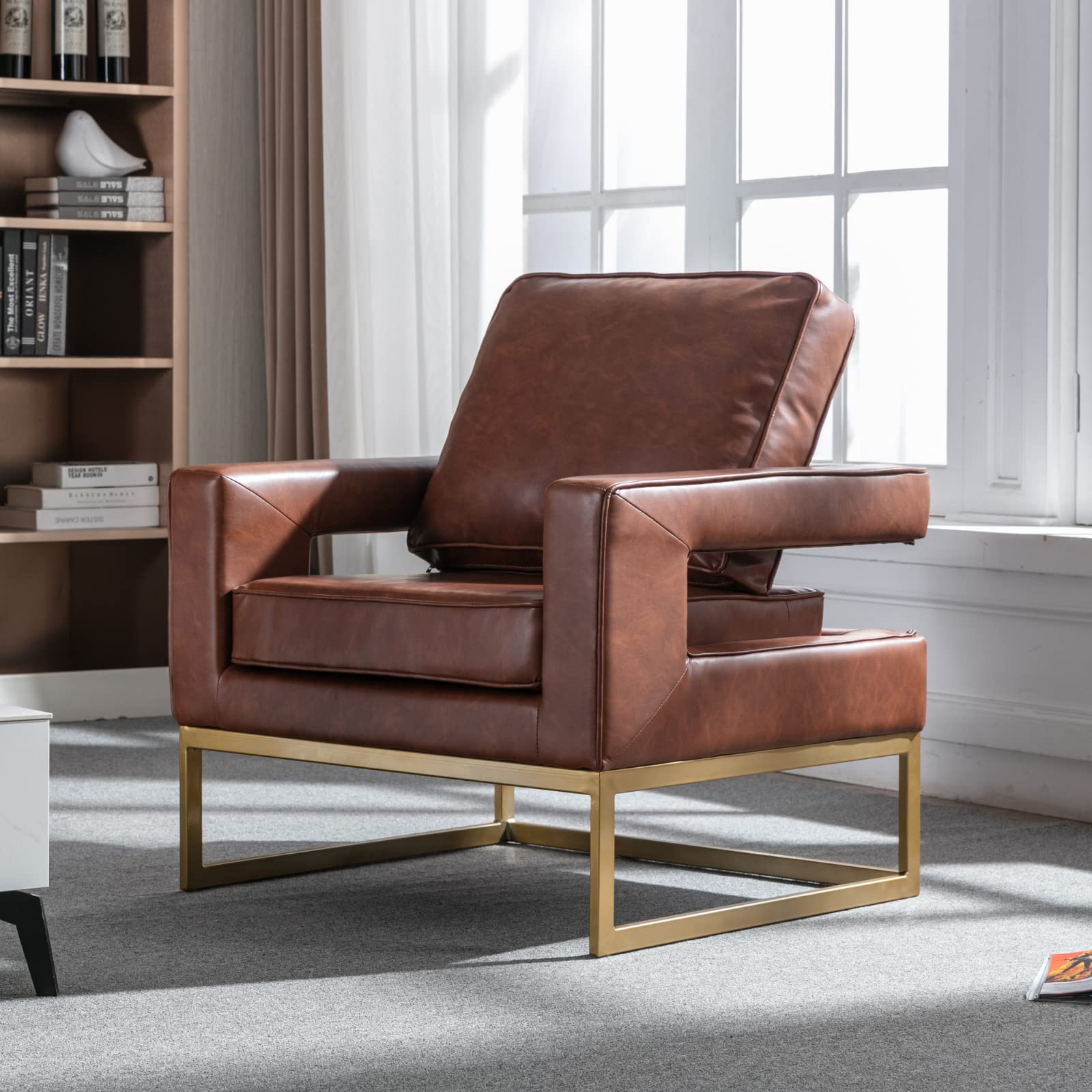 LukeAlon PU Leather Accent Club Chair, Upholstered Armchair with Gold Legs Modern Single Sofa Chair Comfy Reading Chair for Living Room, Brown