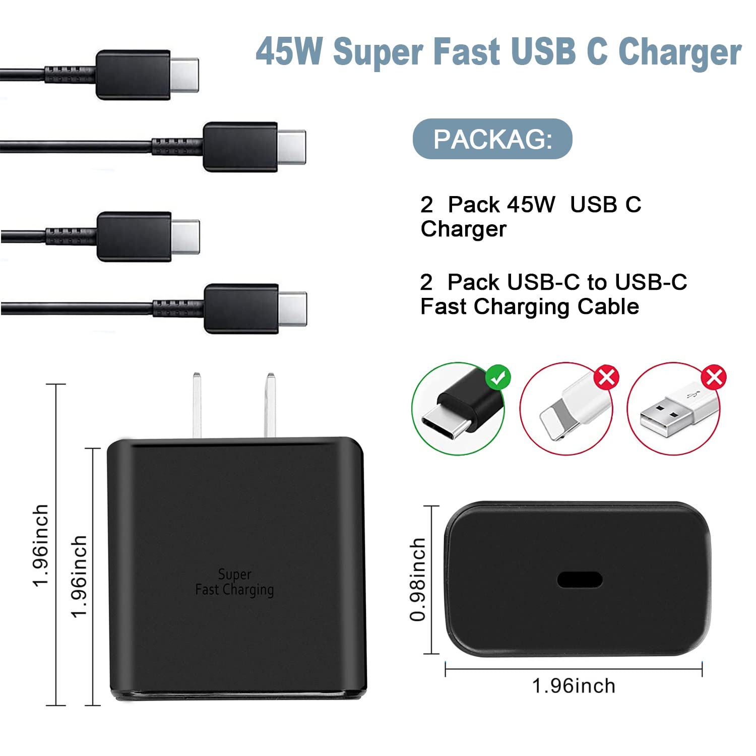 45W Super Fast Charger Type C 45W for Samsung Galaxy S24 Ultra / S24/ S23 Ultra/ S23/ S22 Ultra/ S22+ / S22 / S21 / Note 10 + / Note 20 / S20 /Tab S7 / S7+ / Z Fold 3 / Z Flip 4 with 5FT Cable 2-Pack