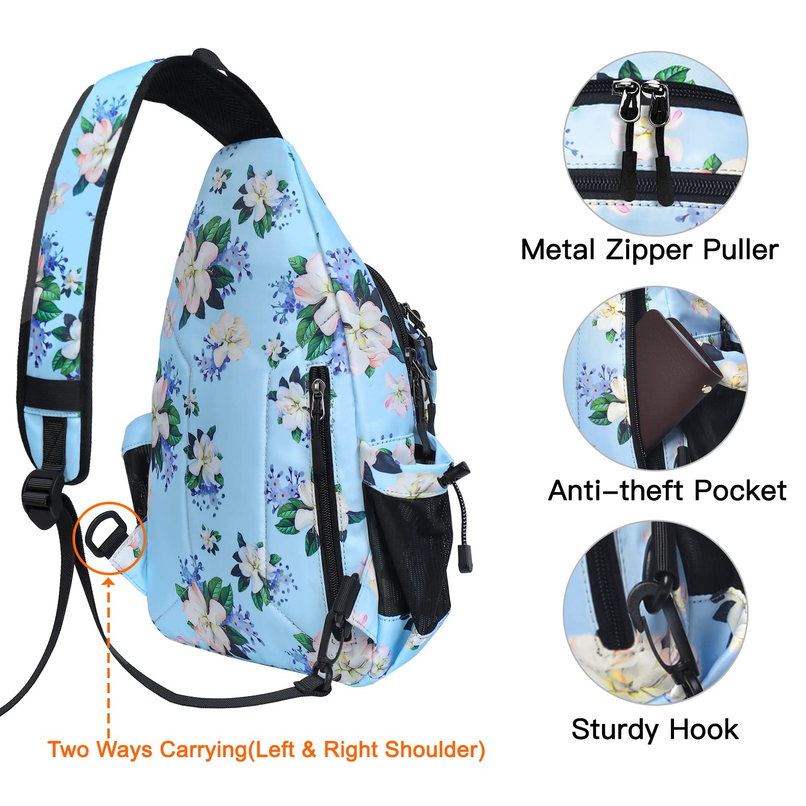 MOSISO Sling Backpack, Myrtle Flower Crossbody Travel Hiking Daypack Chest Bag with Anti-theft Pocket, Blue