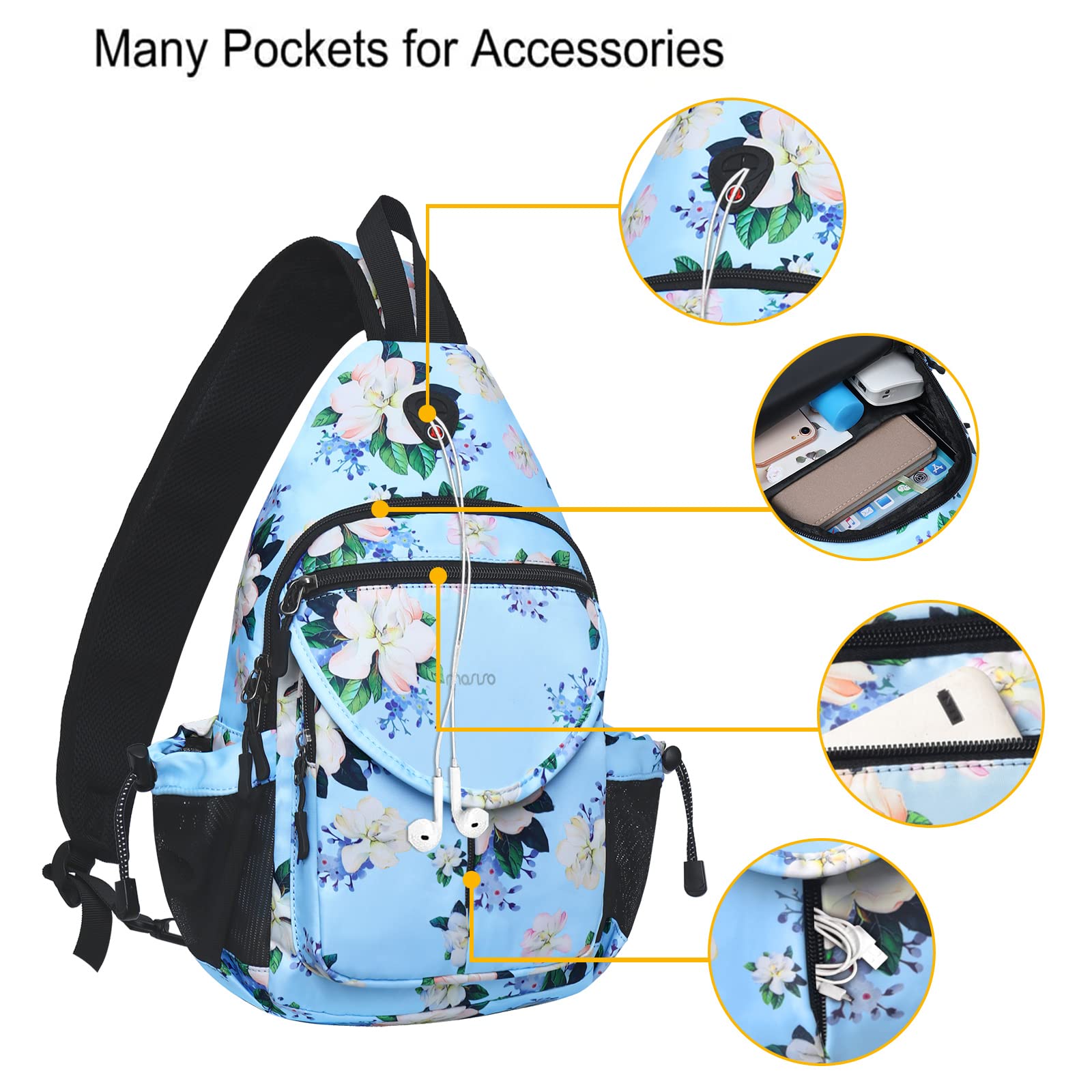 MOSISO Sling Backpack, Myrtle Flower Crossbody Travel Hiking Daypack Chest Bag with Anti-theft Pocket, Blue