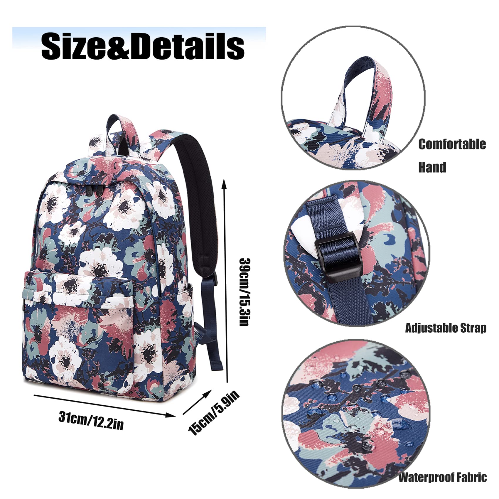 YYDCBA Women 15" Casual Backpack Floral Printed Backpack Lightweight Waterproof,Multipurpose/Travel/Work