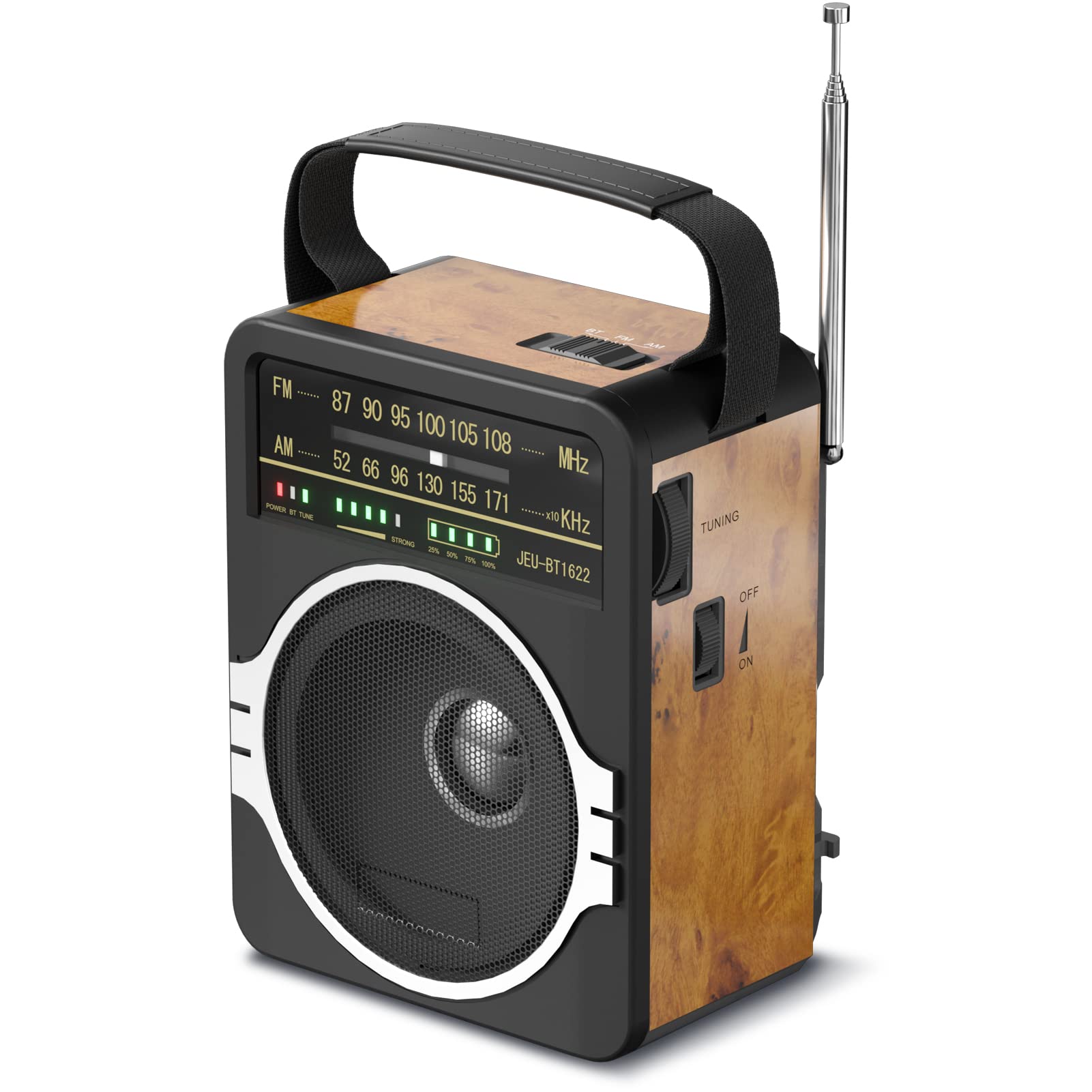 JEUJUG Portable AM FM Radio, Bluetooth 5.0 Radio 5 Watts Loud Speaker,Rechargeable FM Radio Built-in Rechargeable Battery/DC D*4 Cell Battery Operated & AC Power Plug in Wall Radio Retro