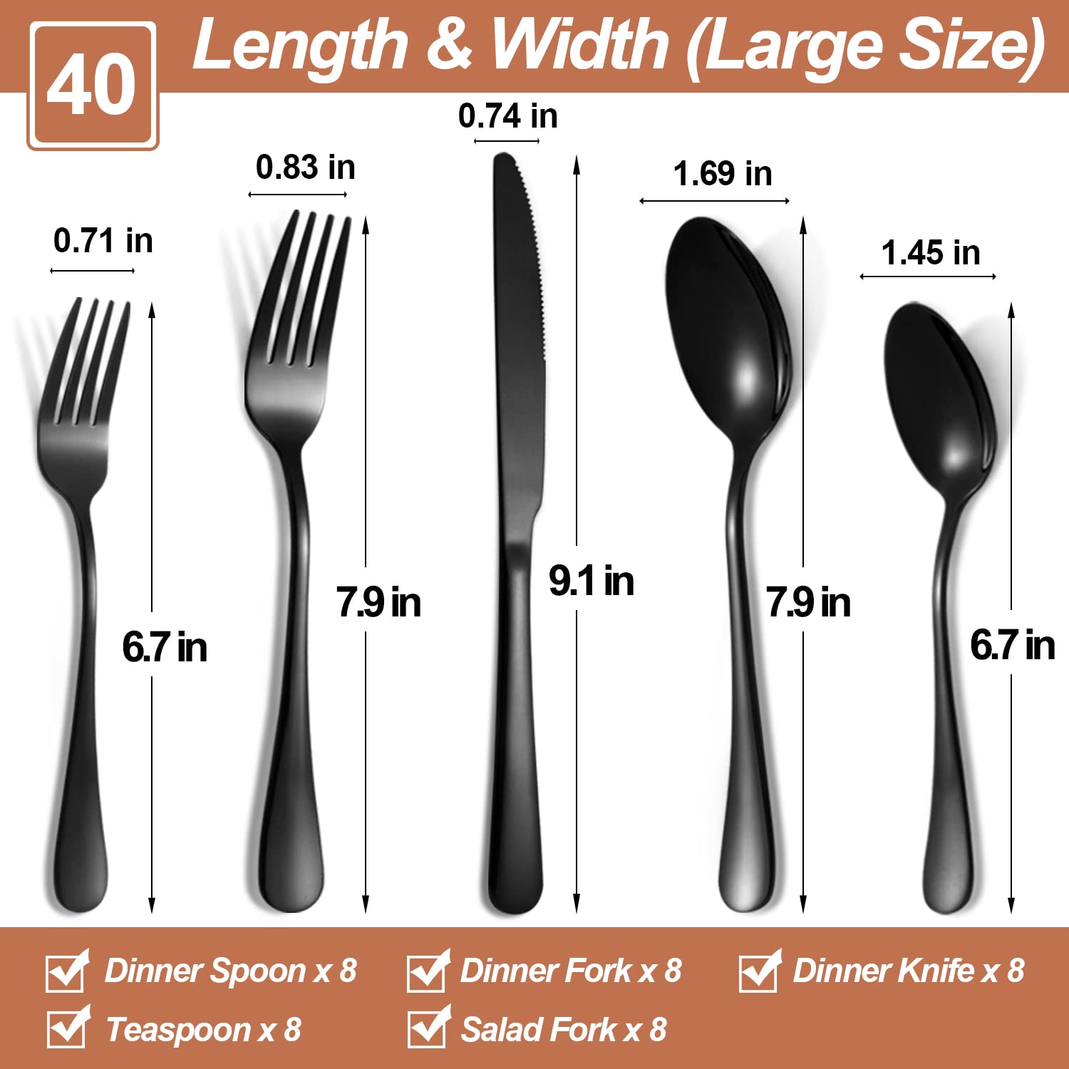 Lazycorner 40 Pcs Black Silverware Set for 8, Food Grade Stainless Steel Flatware Set Include Fork/Knife/Spoon, Mirror Polished Eating Utensils Sets, Reusable Silverwear Cutlery Set, Dishwasher Safe