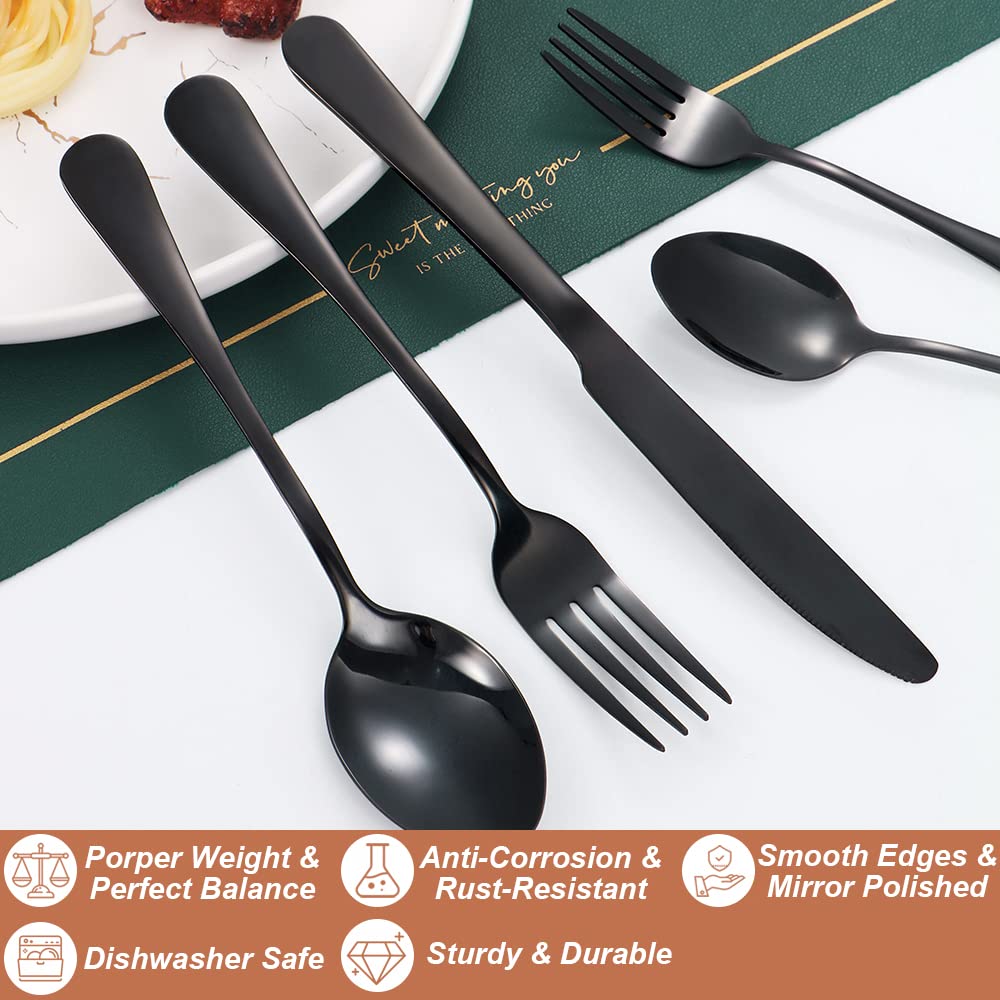 Lazycorner 40 Pcs Black Silverware Set for 8, Food Grade Stainless Steel Flatware Set Include Fork/Knife/Spoon, Mirror Polished Eating Utensils Sets, Reusable Silverwear Cutlery Set, Dishwasher Safe