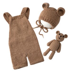 vemonllas newborn photography props boys girls outfits baby photo props knit bear hat romper photoshoot costume set (camel)