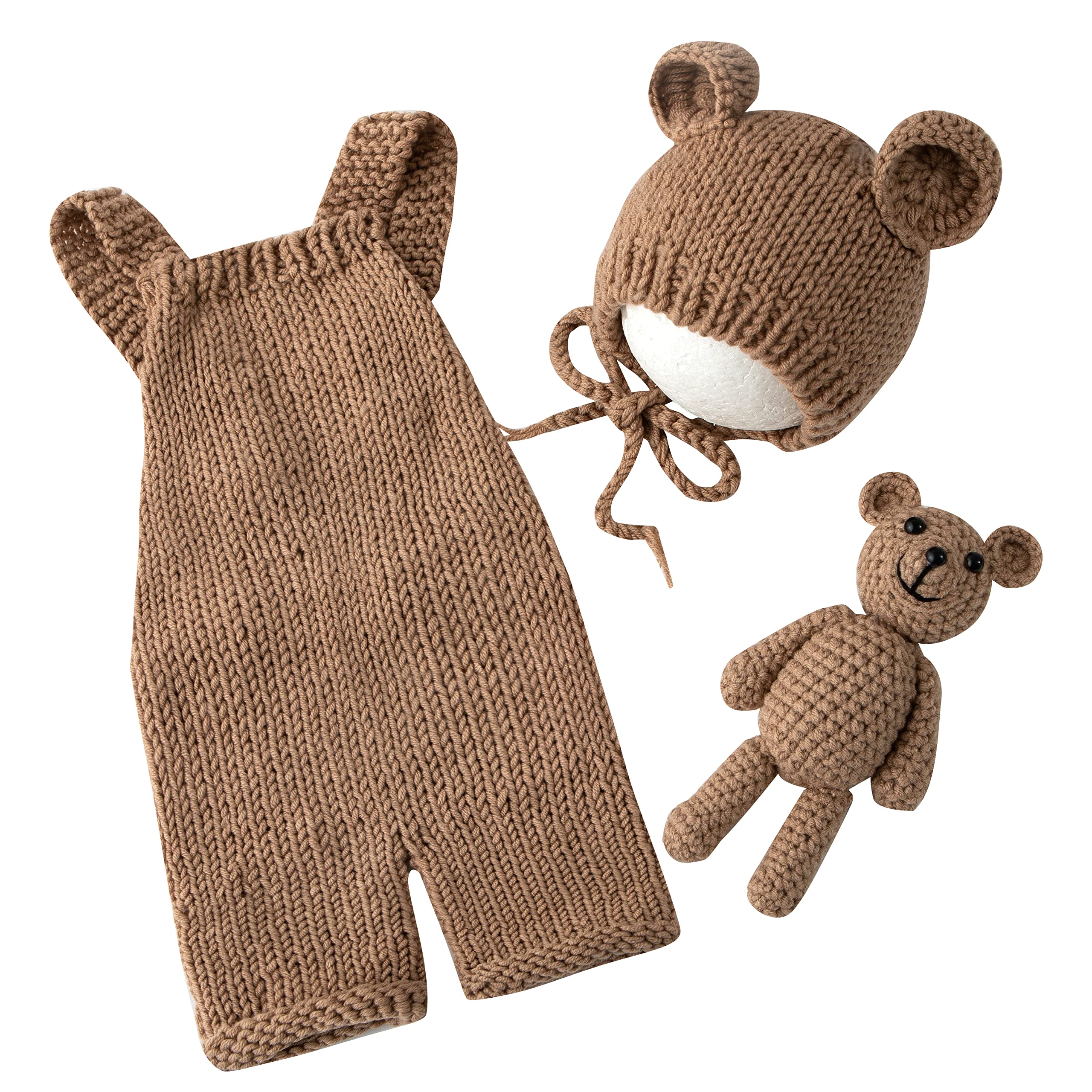 Vemonllas Newborn Photography Props Boys Girls Outfits Baby Photo Props Knit Bear Hat Romper Photoshoot Costume Set (Camel)