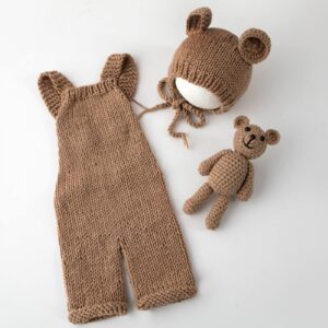 Vemonllas Newborn Photography Props Boys Girls Outfits Baby Photo Props Knit Bear Hat Romper Photoshoot Costume Set (Camel)