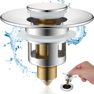 hibbent all metal universal bathroom sink stopper, for 1''~1.8'' basin pop up sink drain strainer, upgraded brass bullet core push type sink stopper, stainless steel anti clogging drain filter, chrome