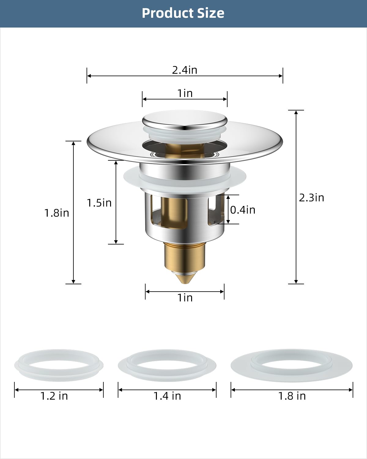 Hibbent All Metal Universal Bathroom Sink Stopper, for 1''~1.8'' Basin Pop Up Sink Drain Strainer, Upgraded Brass Bullet Core Push Type Sink Stopper, Stainless Steel Anti Clogging Drain Filter, Chrome