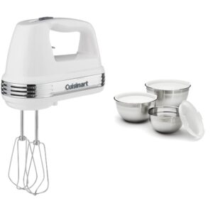 cuisinart power advantage 5-speed hand mixer, white and cuisinart stainless steel mixing bowls, 3-piece set