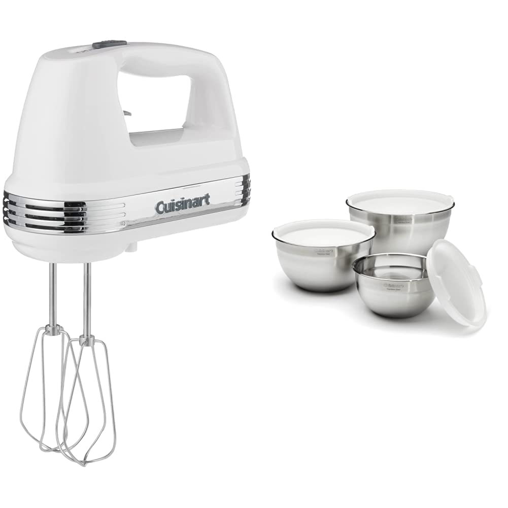 Cuisinart Power Advantage 5-Speed Hand Mixer, White and Cuisinart Stainless Steel Mixing Bowls, 3-Piece Set