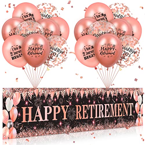 Happy Retirement Decorations for Women Large Rose Gold and Black Happy Retirement Banner Yard Sign with 18Pcs Rose Gold Retirement Balloons for Women Men Retirement Farewell Anniversary Party Supplies