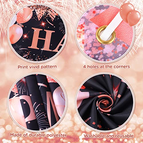 Happy Retirement Decorations for Women Large Rose Gold and Black Happy Retirement Banner Yard Sign with 18Pcs Rose Gold Retirement Balloons for Women Men Retirement Farewell Anniversary Party Supplies