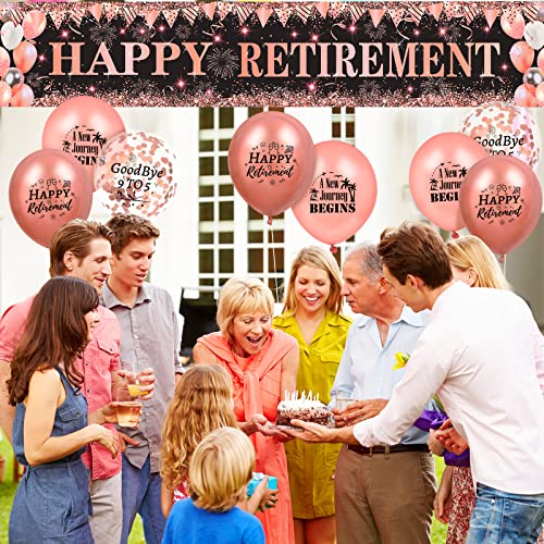 Happy Retirement Decorations for Women Large Rose Gold and Black Happy Retirement Banner Yard Sign with 18Pcs Rose Gold Retirement Balloons for Women Men Retirement Farewell Anniversary Party Supplies