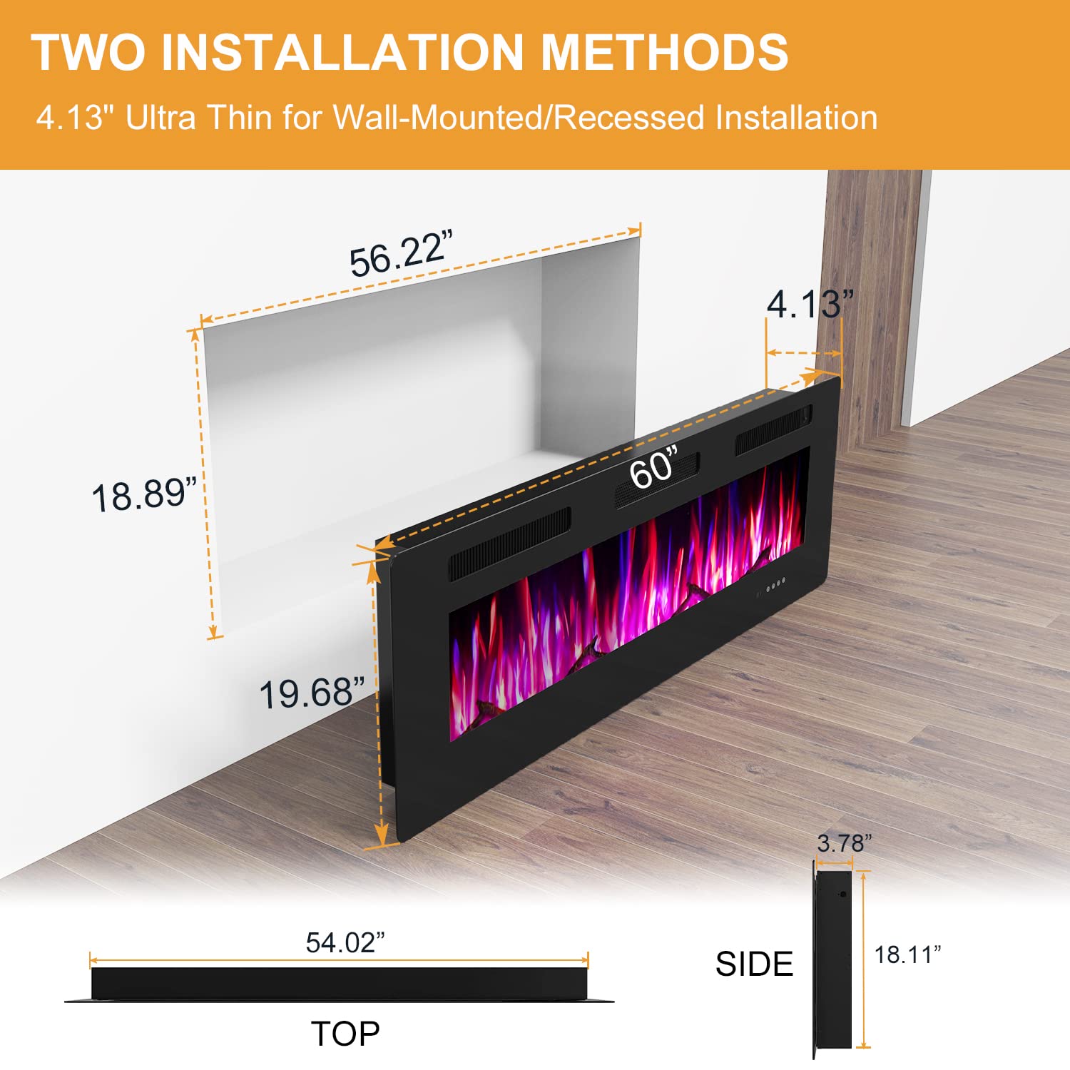 Electric Fireplace, 60 inch Recessed Wall Mounted Fire Place Heater with Remote Control Timer LED Adjustable Flame for Living Room Bedroom