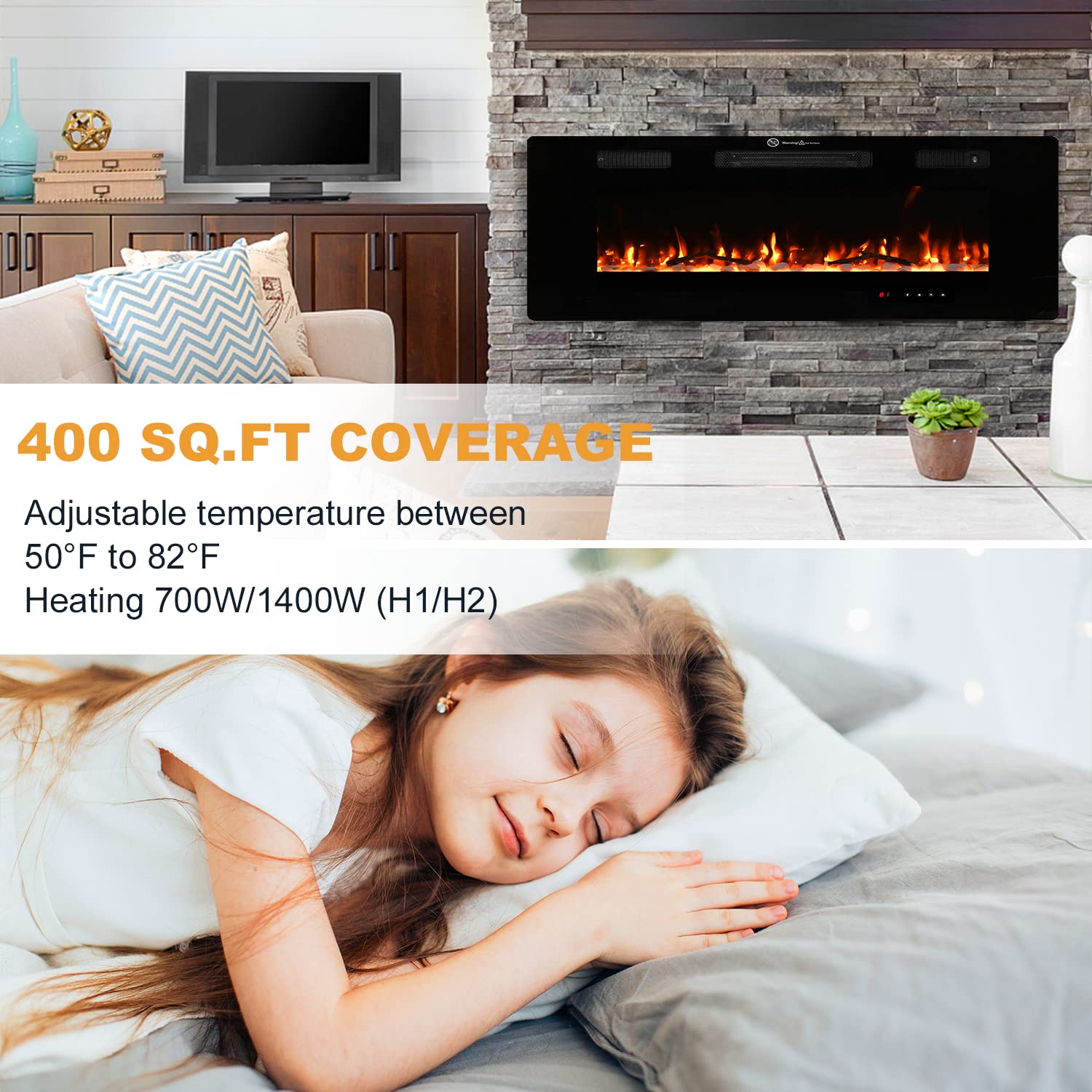 Electric Fireplace, 60 inch Recessed Wall Mounted Fire Place Heater with Remote Control Timer LED Adjustable Flame for Living Room Bedroom