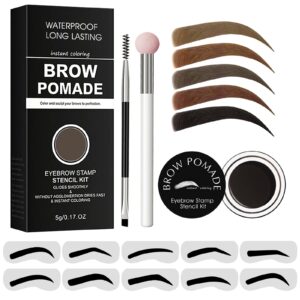 eyebrow stamp stencil kit - for waterproof eyebrows makeup, eyebrow stamp kit with sponge applicator, 10 eyebrow stencils, dual-ended brow brush, waterproof eyebrow pomade (ebony)