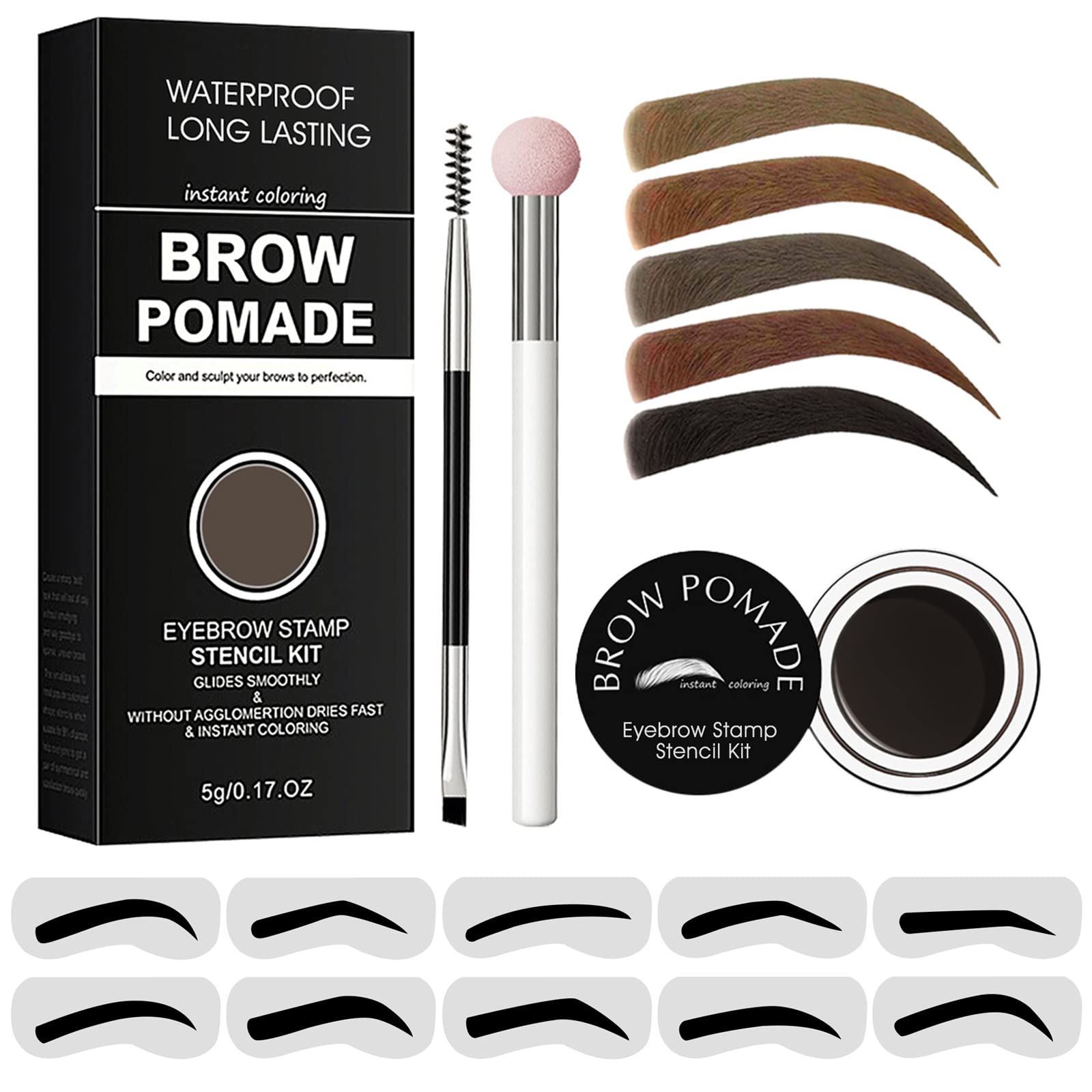 Eyebrow Stamp Stencil Kit - for Waterproof Eyebrows Makeup, Eyebrow Stamp Kit with Sponge Applicator, 10 Eyebrow Stencils, Dual-ended Brow Brush, Waterproof Eyebrow Pomade (Ebony)