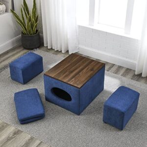 HomSof 25" W 5 Pieces Ottoman Bench Set,Modern Design Hollow Storage Ottoman, Upholstery Coffee Table, Two Small Footstools,Easy Storage and Wide Use,Waterproof,Oil-Proof,Scratch-Proof,Blue