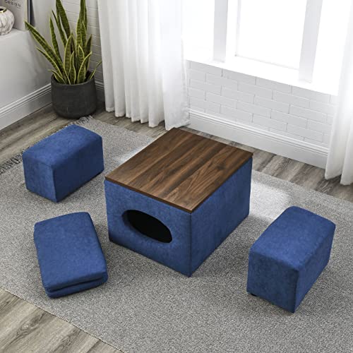 HomSof 25" W 5 Pieces Ottoman Bench Set,Modern Design Hollow Storage Ottoman, Upholstery Coffee Table, Two Small Footstools,Easy Storage and Wide Use,Waterproof,Oil-Proof,Scratch-Proof,Blue