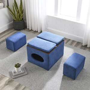 HomSof 25" W 5 Pieces Ottoman Bench Set,Modern Design Hollow Storage Ottoman, Upholstery Coffee Table, Two Small Footstools,Easy Storage and Wide Use,Waterproof,Oil-Proof,Scratch-Proof,Blue